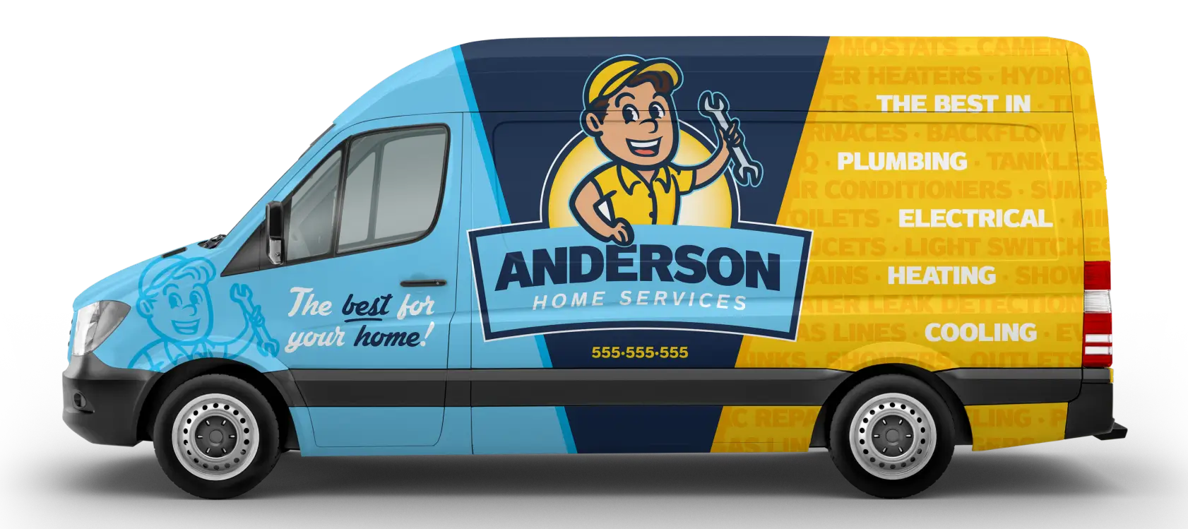 a blue and yellow van with a cartoon character on it