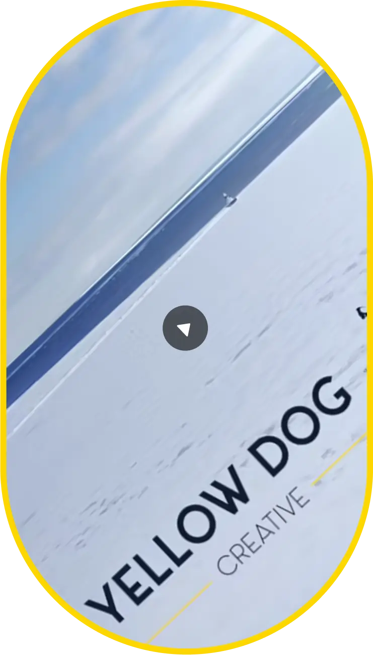 the yellow dog creative shape with play button on center